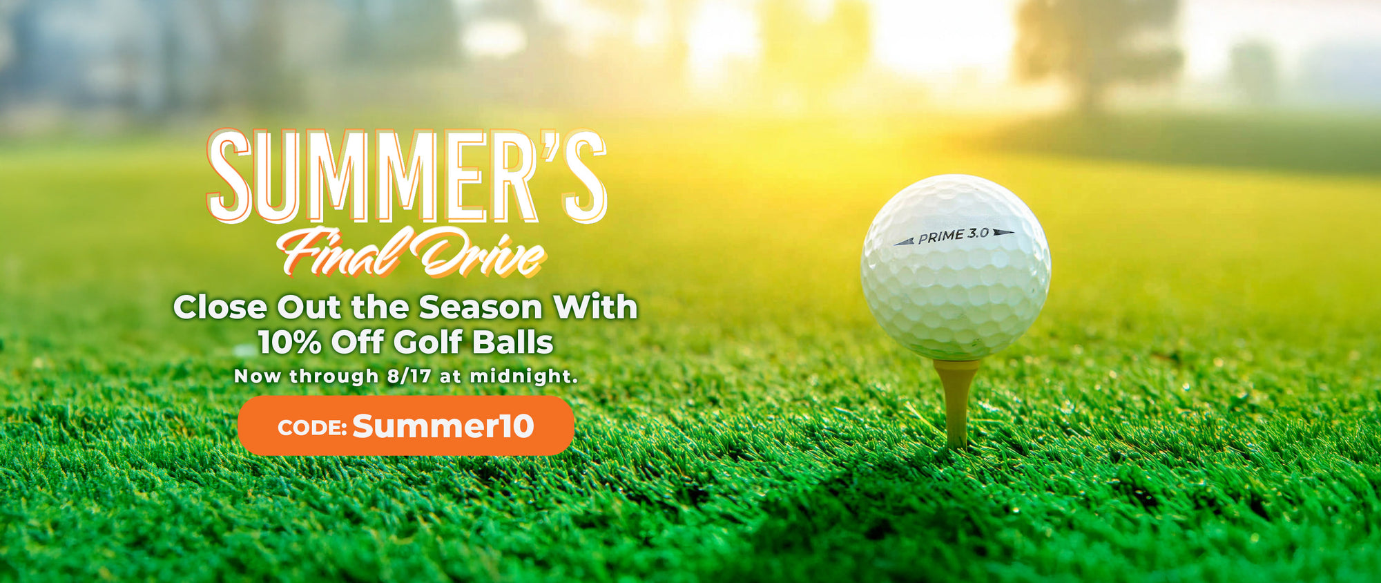 Golf ball on a tee with promotional text for a summer sale on golf balls.